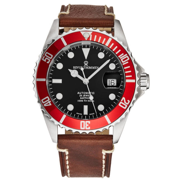 Revue Thommen 17571.2536 Men's 'Diver' Black Dial Brown Suede Leather Strap Swiss Automatic Watch