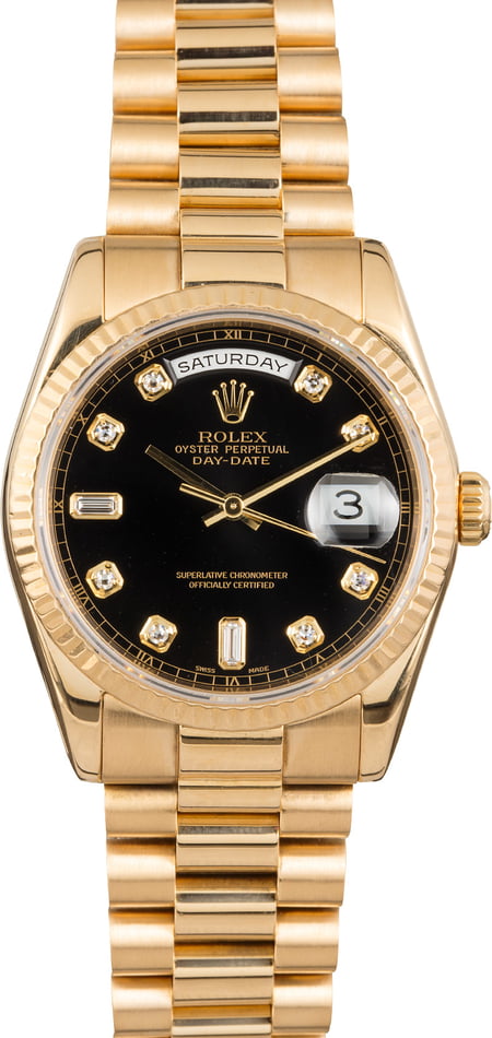 Pre Owned Rolex 36MM Black w/ Diamonds Dial 18K Gold Fluted Bezel Presidential Band 118238