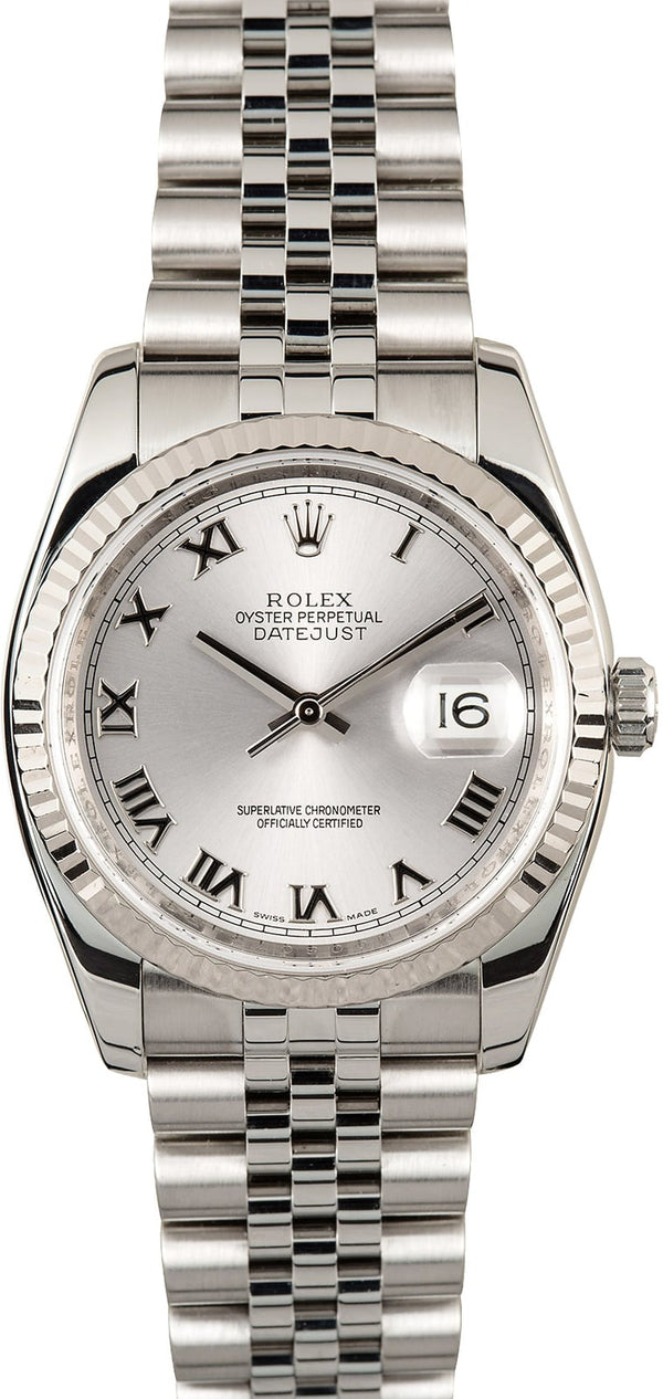 Pre Owned Men'S Rolex Rhodium Roman Numeral Dial 18K White Gold Fluted Bezel Super-Jubilee Band 116234