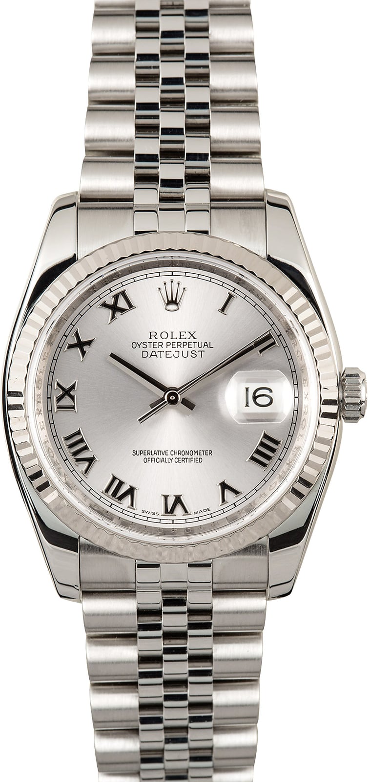 Pre Owned Men'S Rolex Rhodium Roman Numeral Dial 18K White Gold Fluted Bezel Super-Jubilee Band 116234