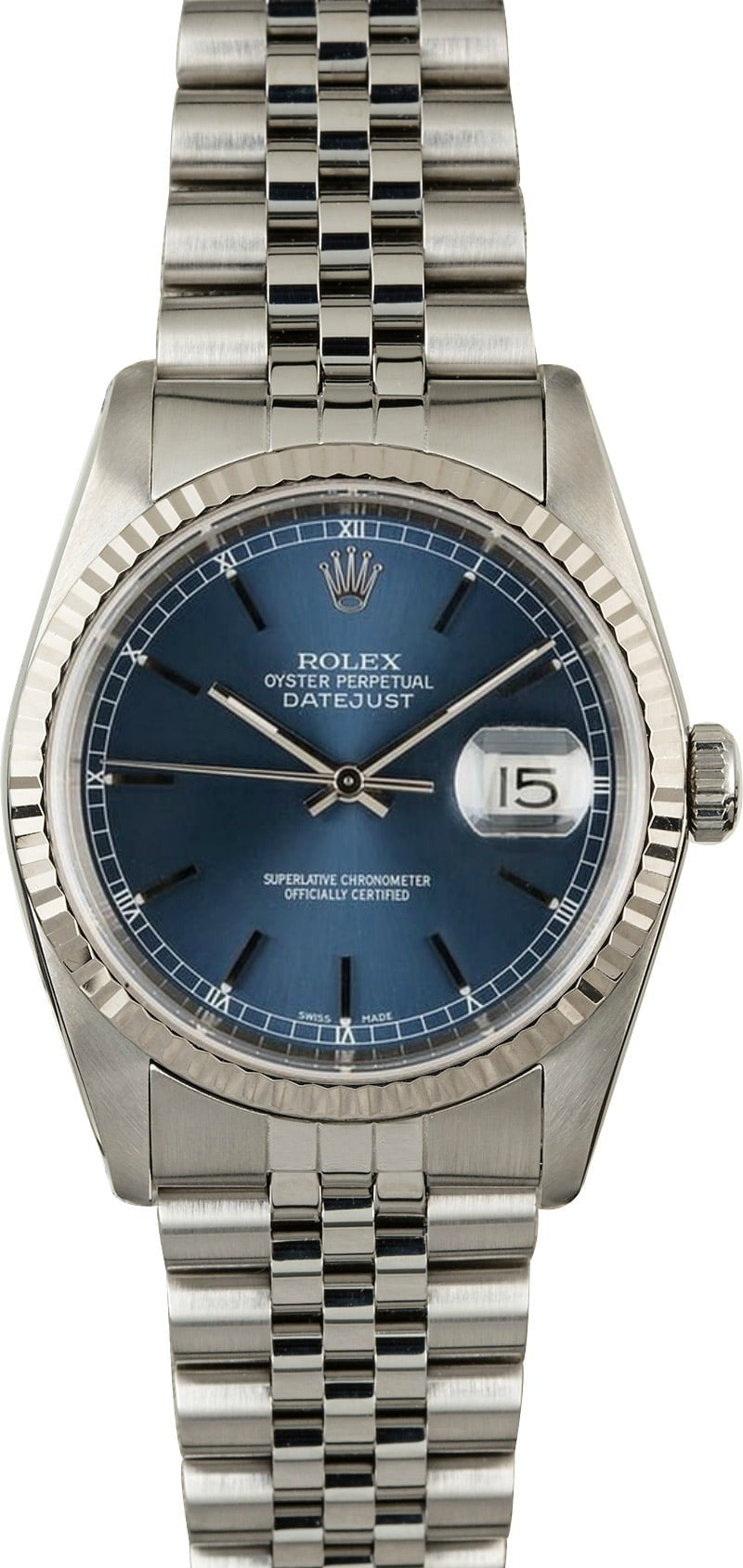 Pre Owned Men'S Rolex Blue Dial 18K White Gold Fluted Bezel Jubilee Band 16234
