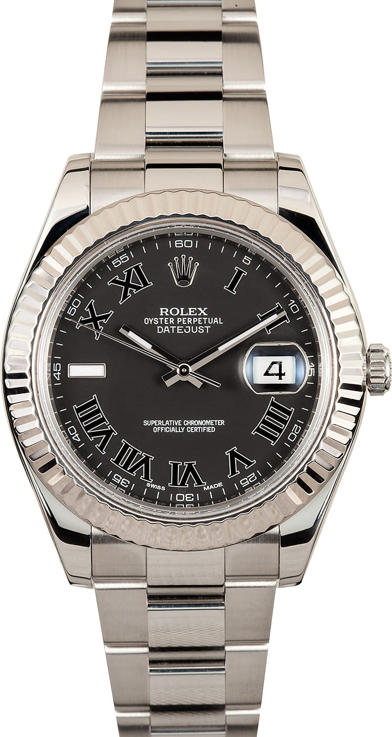 Pre Owned Men's Rolex Datejust II 116334 41 Gray Dial 18K White Gold Fluted Bezel New Style Oyster Bracelet /w PAPERS