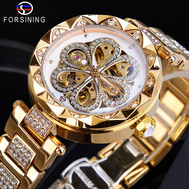 Forsining Mechanical Automatic Women's Watch Waterproof Top Brand Luxury Diamond Ladies Watch Golden Stainless Steel Clock