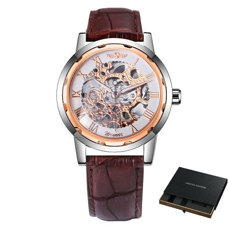 Men's Automatic Mechanical Skeleton Watch w/ Leather Strap for Men - Gold Dial