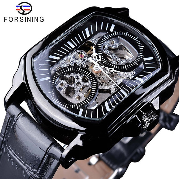 Forsining Retro Classic White Dial Blue Hands Transparent Automatic Skeleton Wristwatch Mens Mechanical Watches Top Brand Luxury