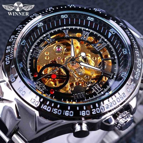 Winner Classic Series Golden Movement Steel Mens Skeleton Man Wrist Watch Mechanical Top Brand Luxury Fashion Automatic Watches