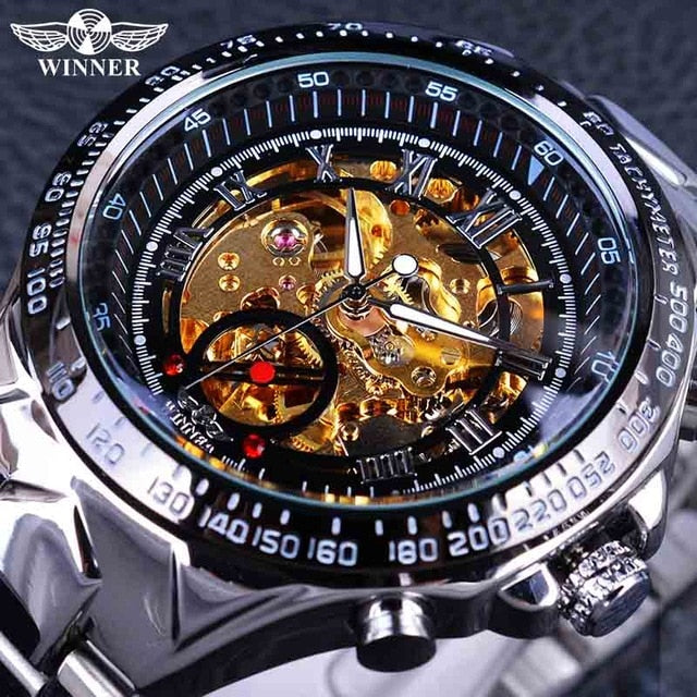Winner Classic Series Golden Movement Steel Mens Skeleton Man Wrist Watch Mechanical Top Brand Luxury Fashion Automatic Watches