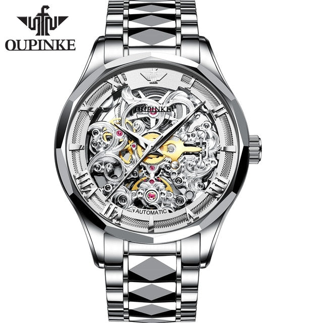 Men mechanical wristwatch Luxury Classic Skeleton  Automatic watch Top Brand OUPINKE manner mechanische armbanduhren 50ATM