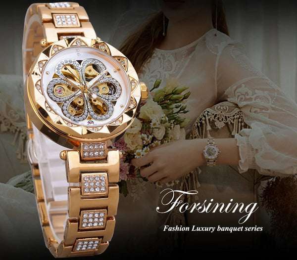 Forsining Mechanical Automatic Women's Watch Waterproof Top Brand Luxury Diamond Ladies Watch Golden Stainless Steel Clock